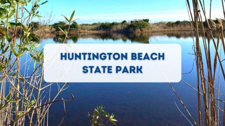 A pond is visible through marsh grass with text Huntington Beach State Park