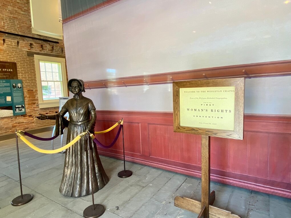 A life sized statue of Lucretia Mott welcomes visitors to the Wesleyan Chapel